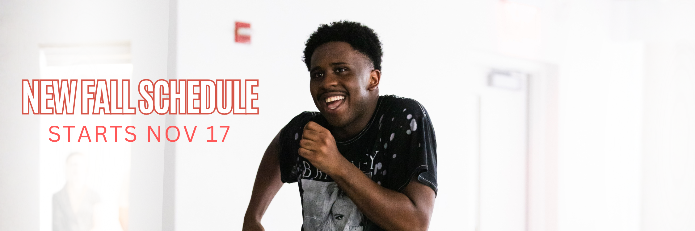 Man dancing in studio with new fall schedule starts Nov 17
